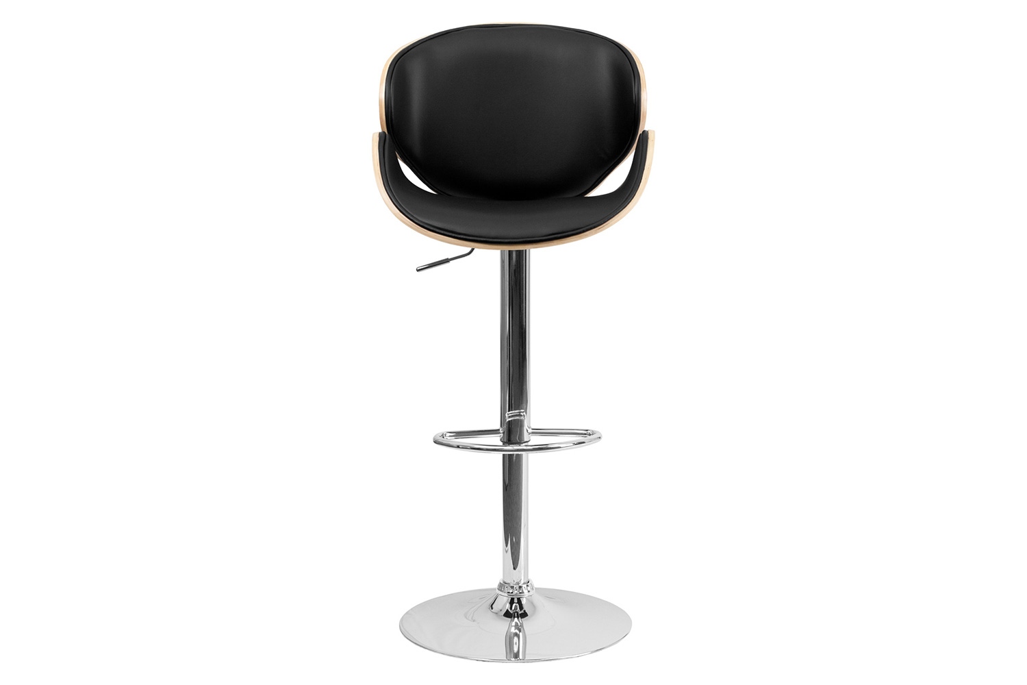 BLNK Farley Bentwood Adjustable Height Bar Stool with Curved Back and Black Vinyl Seat - Beech