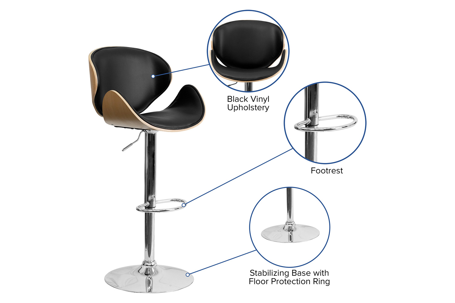 BLNK Farley Bentwood Adjustable Height Bar Stool with Curved Back and Black Vinyl Seat - Beech