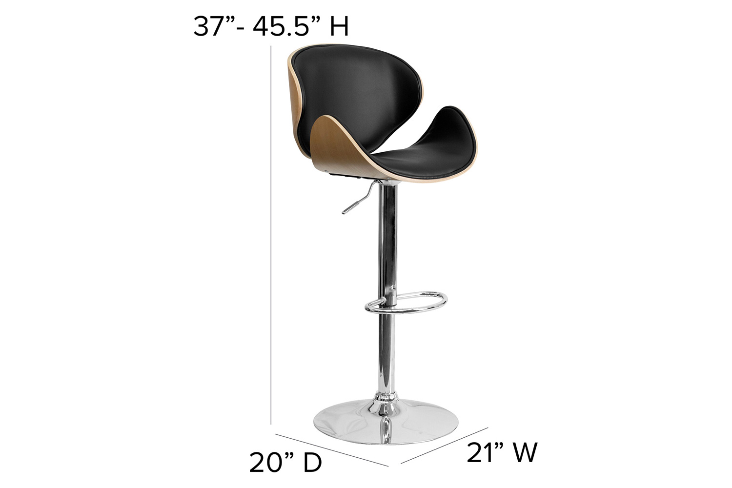 BLNK Farley Bentwood Adjustable Height Bar Stool with Curved Back and Black Vinyl Seat - Beech