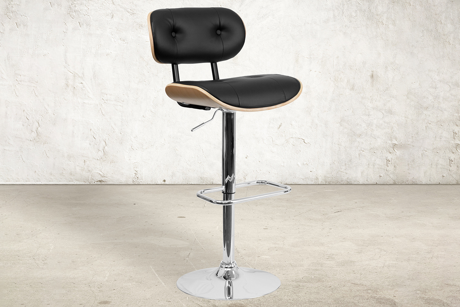 BLNK - Magnus Bentwood Adjustable Height Bar Stool with Button Tufted Black Vinyl Seat