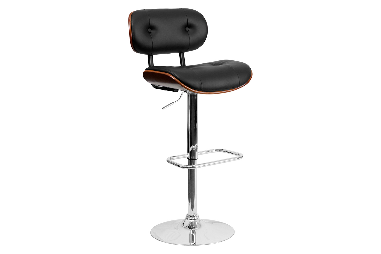 BLNK - Magnus Bentwood Adjustable Height Bar Stool with Button Tufted Black Vinyl Seat