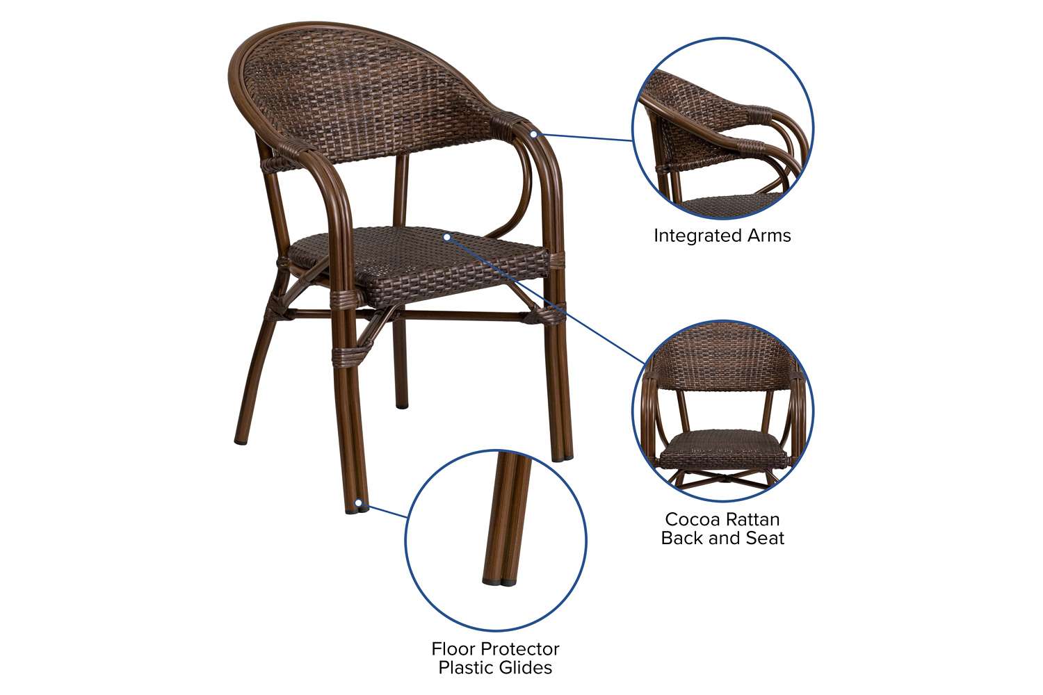 BLNK Milano Series Rattan Restaurant Patio Chair with Bamboo-Aluminum Frame - Cocoa