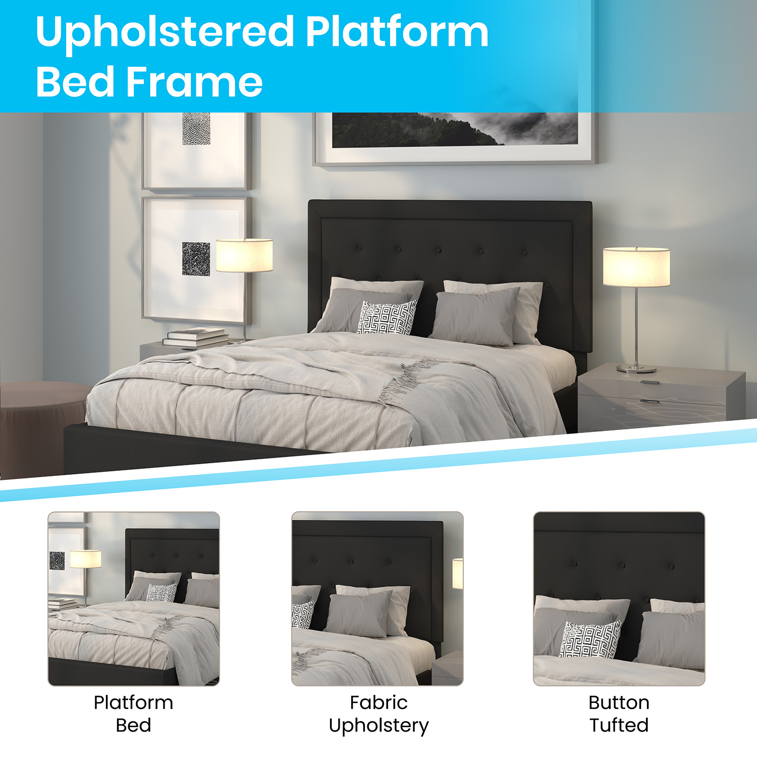BLNK Roxbury Tufted Upholstered Platform Bed with 10" CertiPUR-US Certified Pocket Spring Mattress - Black, Queen Size