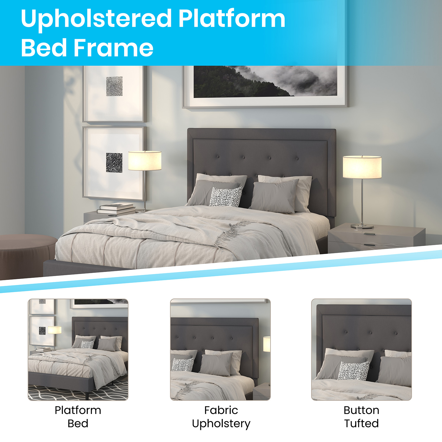 BLNK Roxbury Tufted Upholstered Platform Bed with 10" CertiPUR-US Certified Pocket Spring Mattress - Dark Gray, Full Size