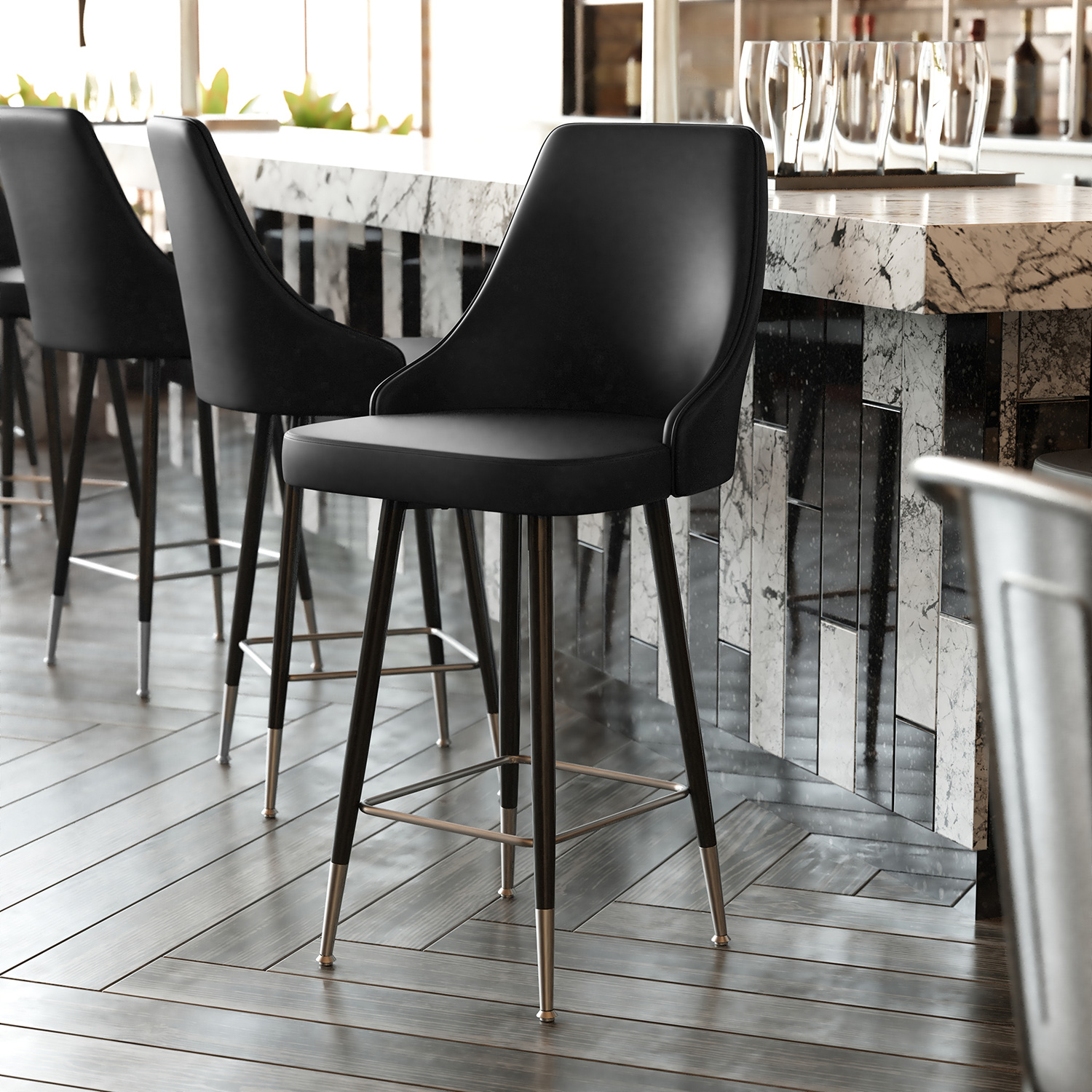 BLNK - Shelly Commercial LeatherSoft Counter Height Bar Stools with Solid Black Frames and Chrome Accented Feet and Footrests Set of 2