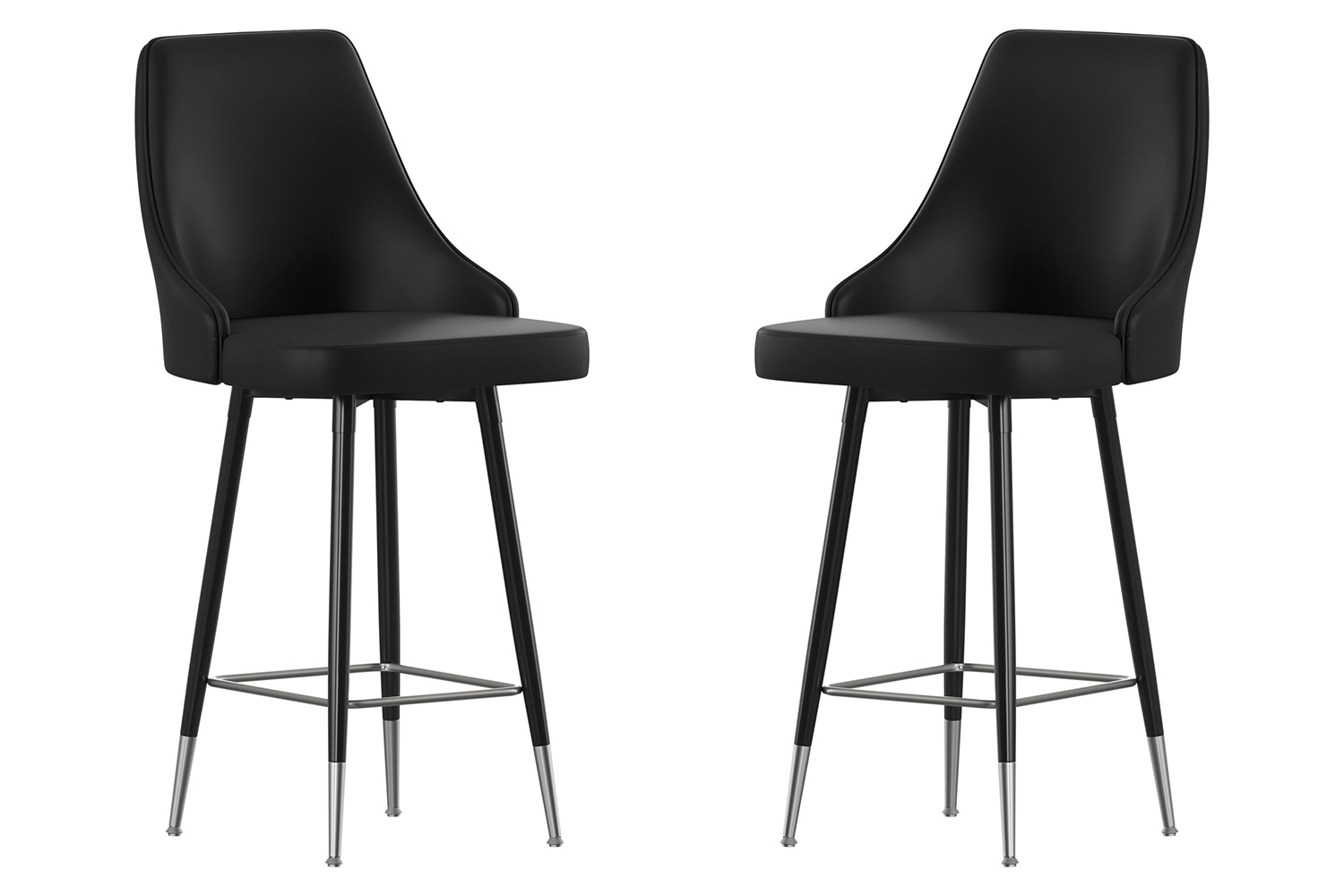 BLNK Shelly Commercial LeatherSoft Counter Height Bar Stools with Solid Black Frames and Chrome Accented Feet and Footrests Set of 2 - Black