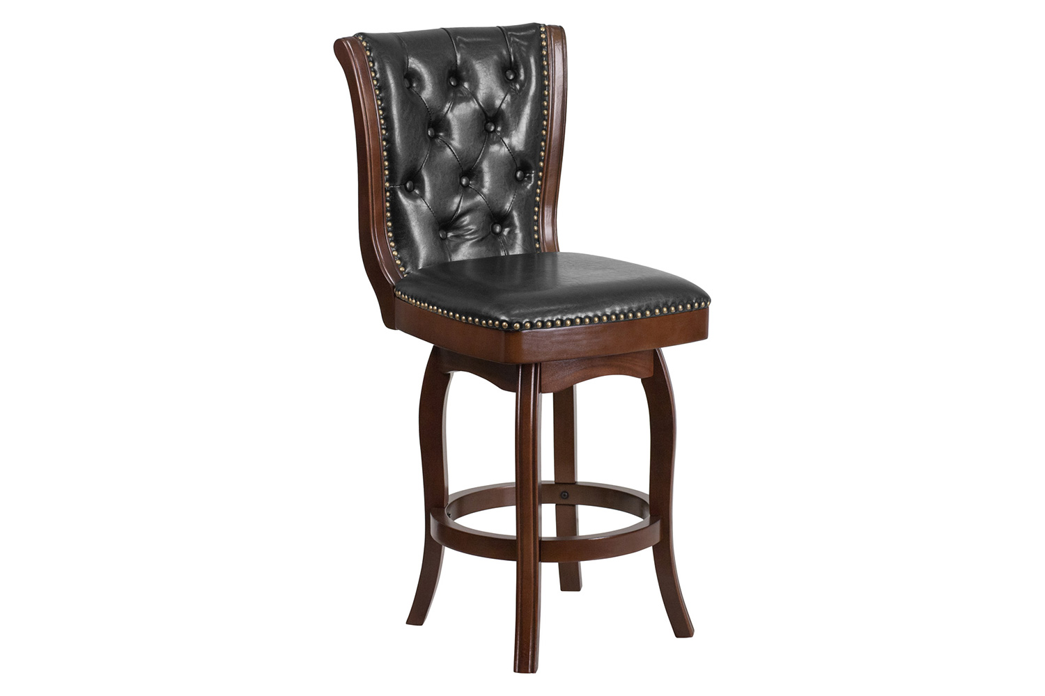 BLNK - Wood Counter Height Stool with Button Tufted Back and Black Swivel Seat
