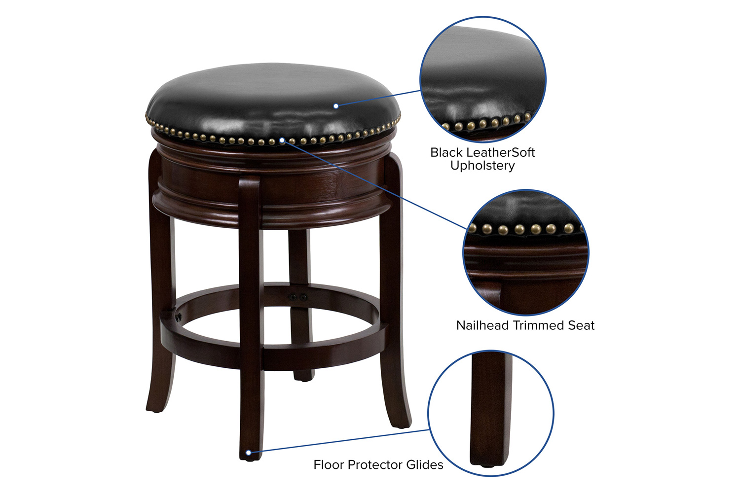 BLNK - Carol LeatherSoft Backless Cappuccino Wood Counter Height Stool with Carved Apron and Swivel Seat