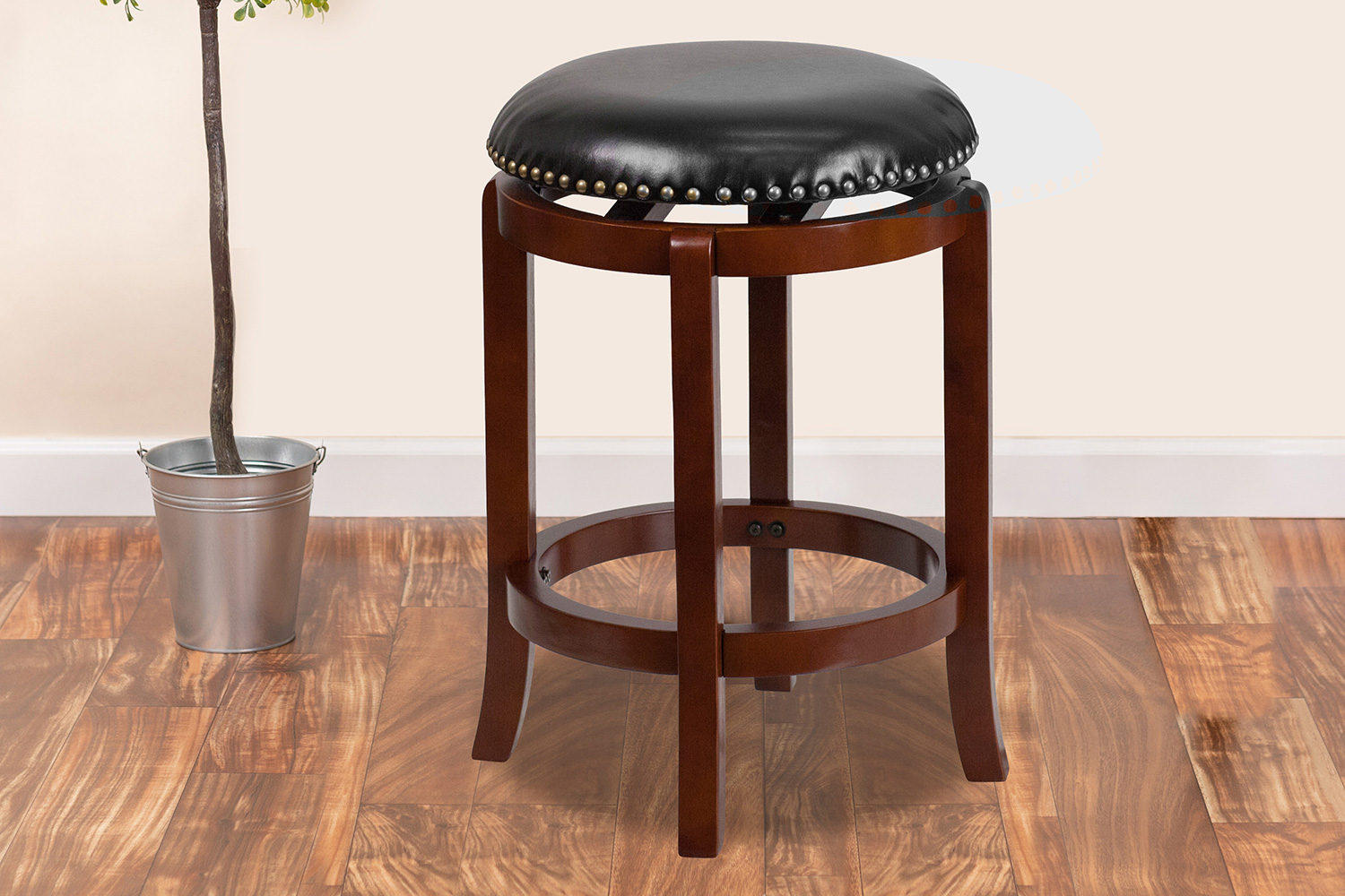 BLNK - Margaret Wood Backless Counter Height Stool with Black Swivel Seat