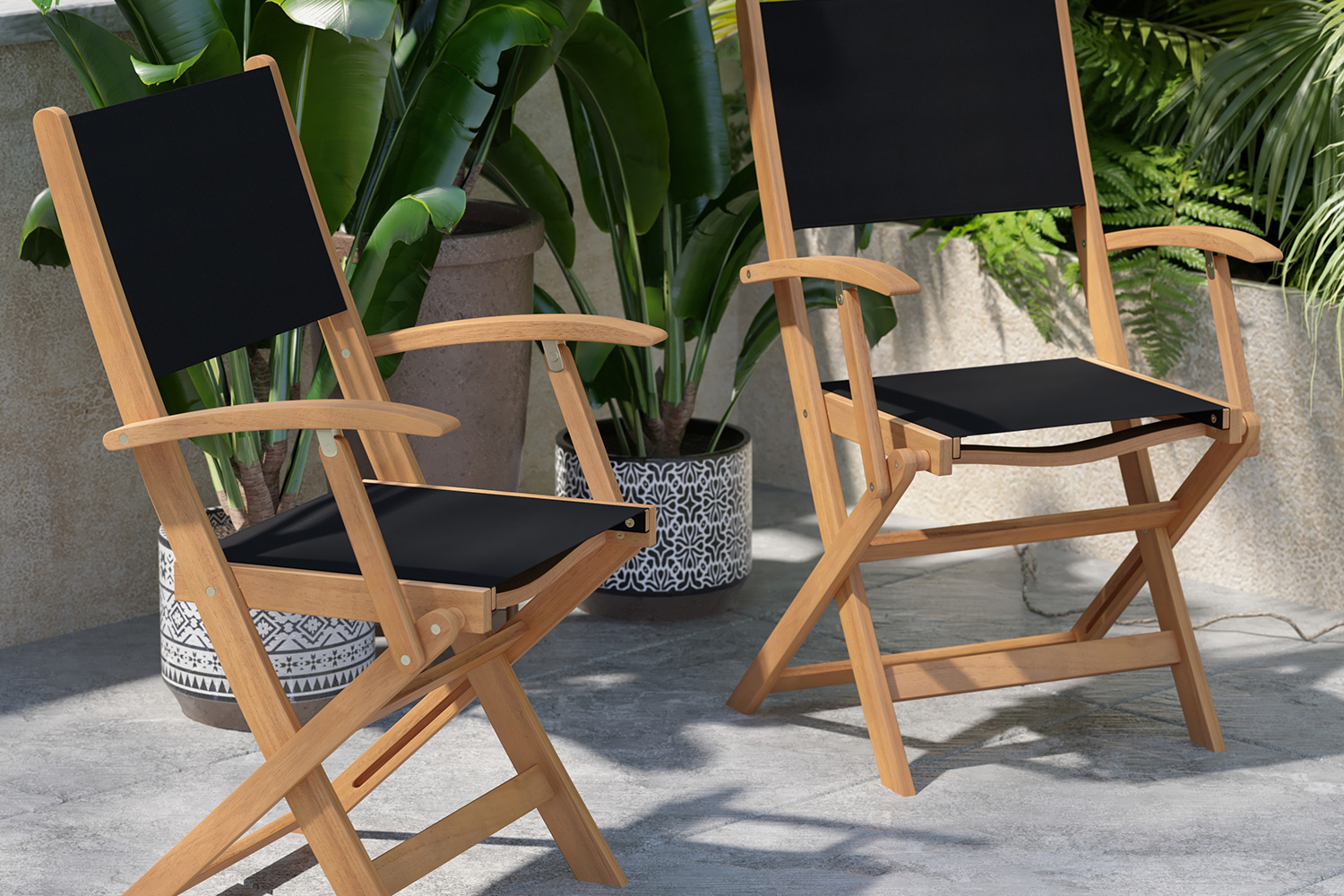 BLNK - Martindale Indoor-Outdoor Folding Acacia Wood Patio Bistro Chairs with Natural X Base Frame with Arms and Black Textilene Back and Seat Set of 2