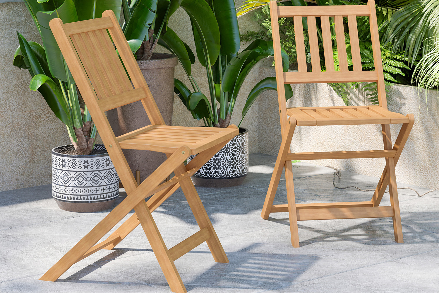 BLNK - Martindale Indoor-Outdoor Folding Acacia Wood Patio Bistro Chairs with X Base Frame and Slatted Back and Seat in Natural Finish Set of 2