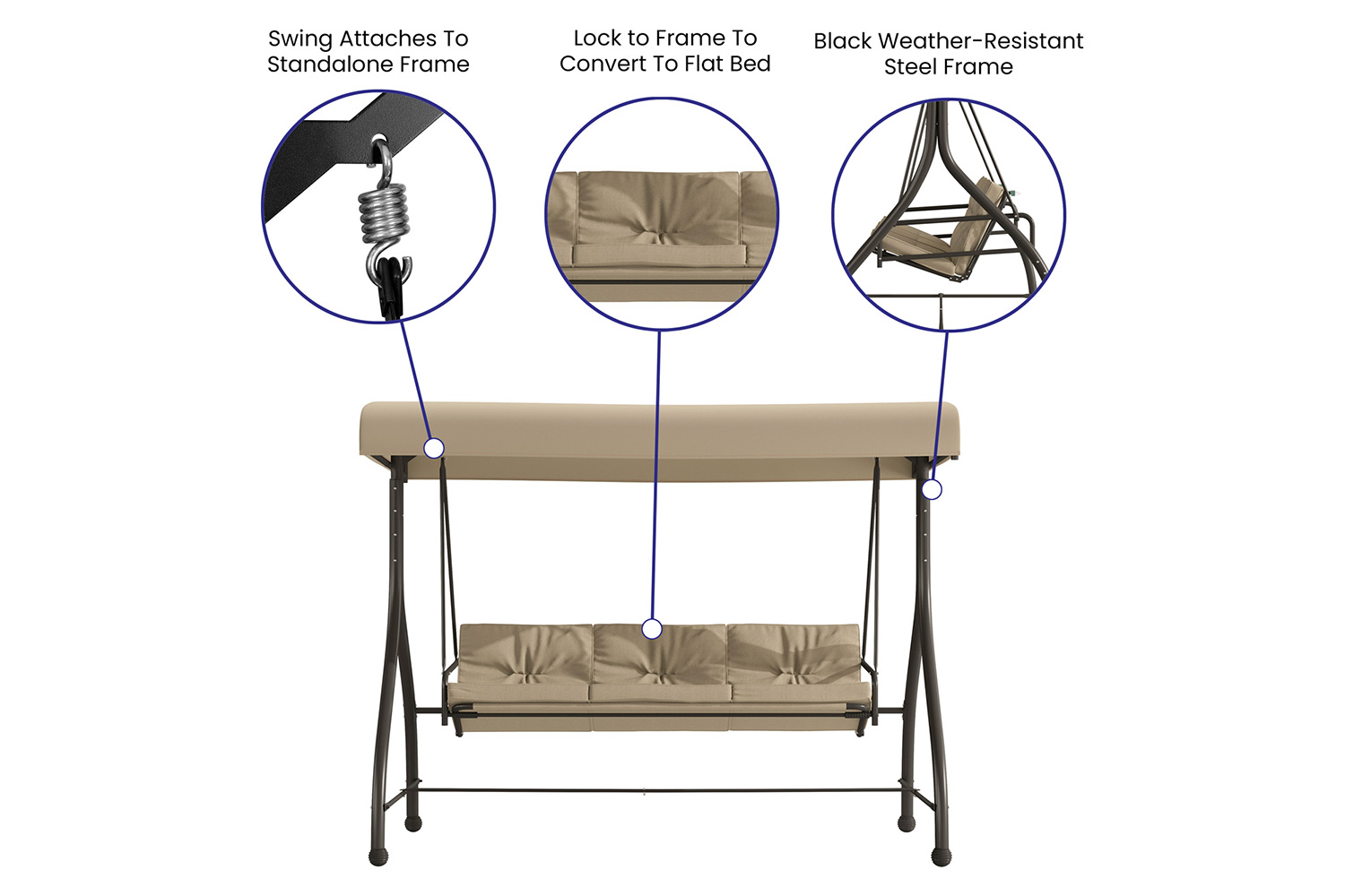 BLNK Tellis Outdoor Steel 3-Seat Converting Patio Swing Canopy Hammock with Cushions - Tan
