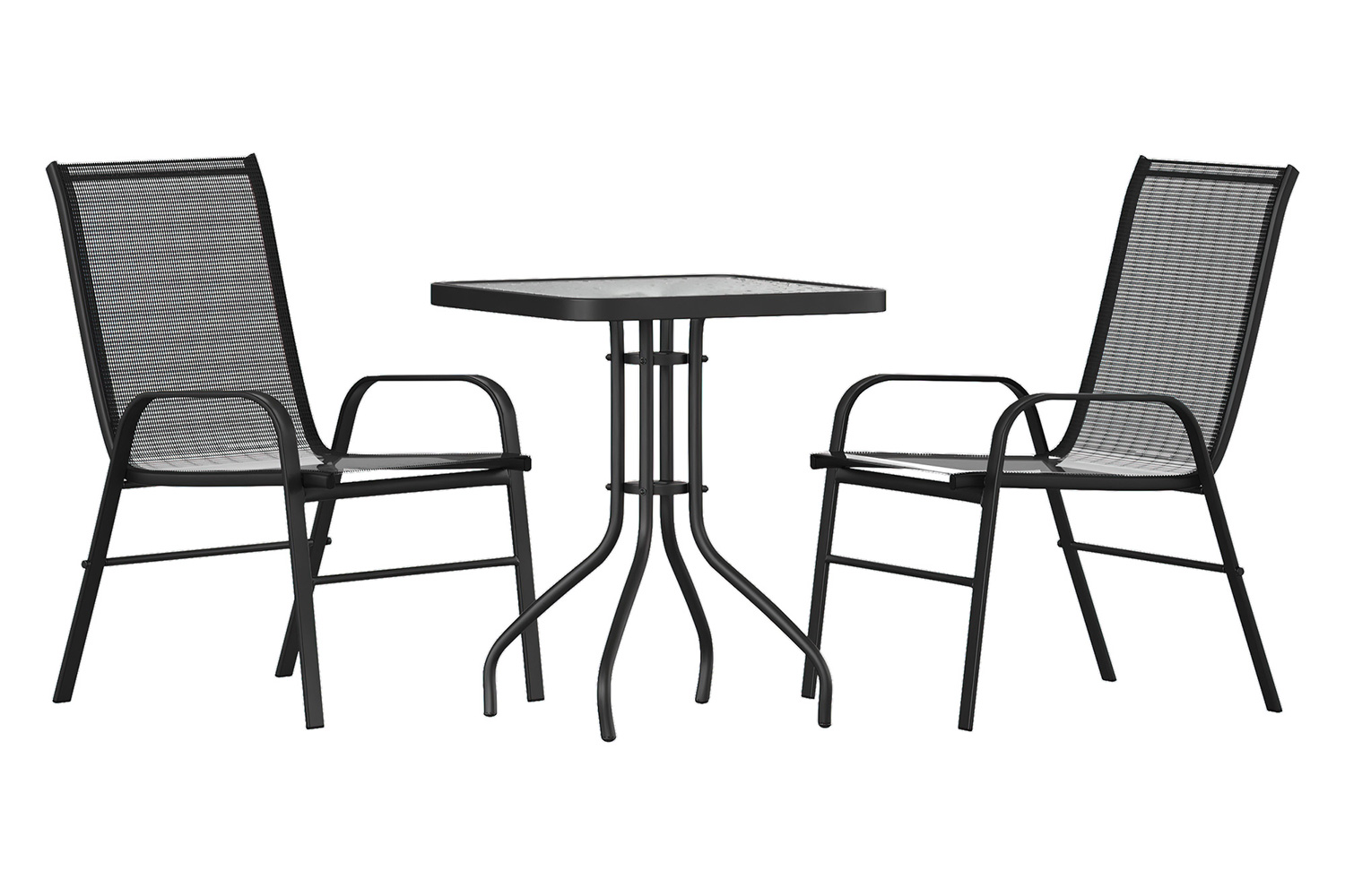 BLNK - Brazos Outdoor Patio Dining Set with Square Tempered Glass Patio Table and 2 Flex Comfort Stack Chairs 3 Piece
