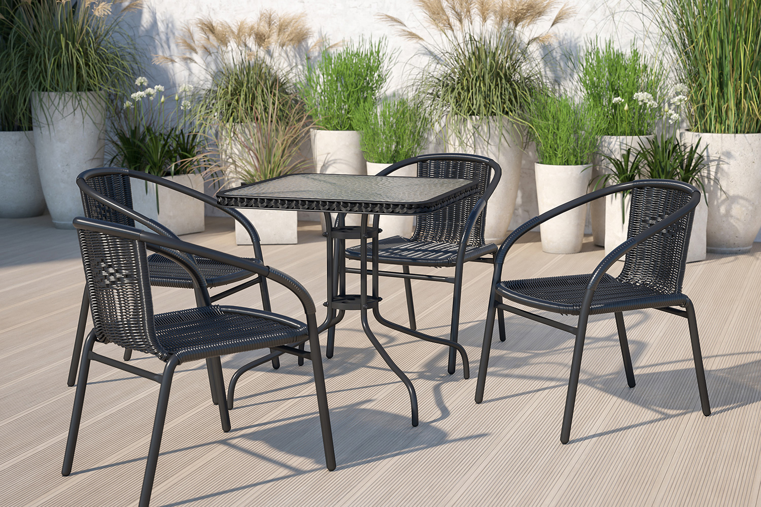BLNK - Square Metal Tempered Glass Table with Rattan Edging