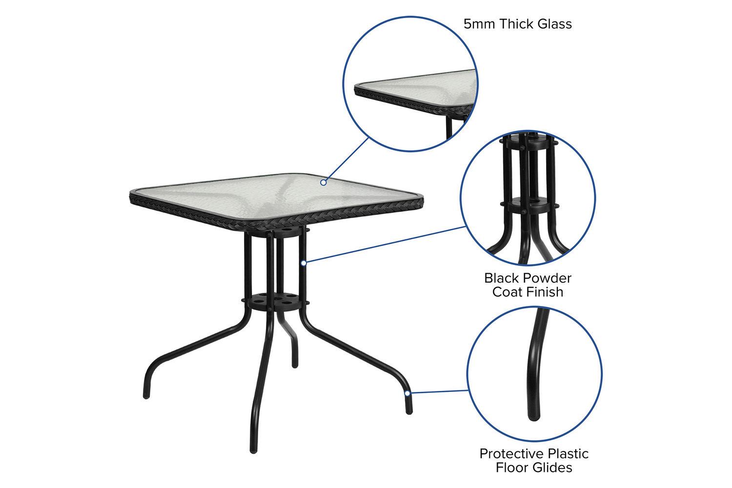 BLNK Square Metal Tempered Glass Table with Rattan Edging - Black