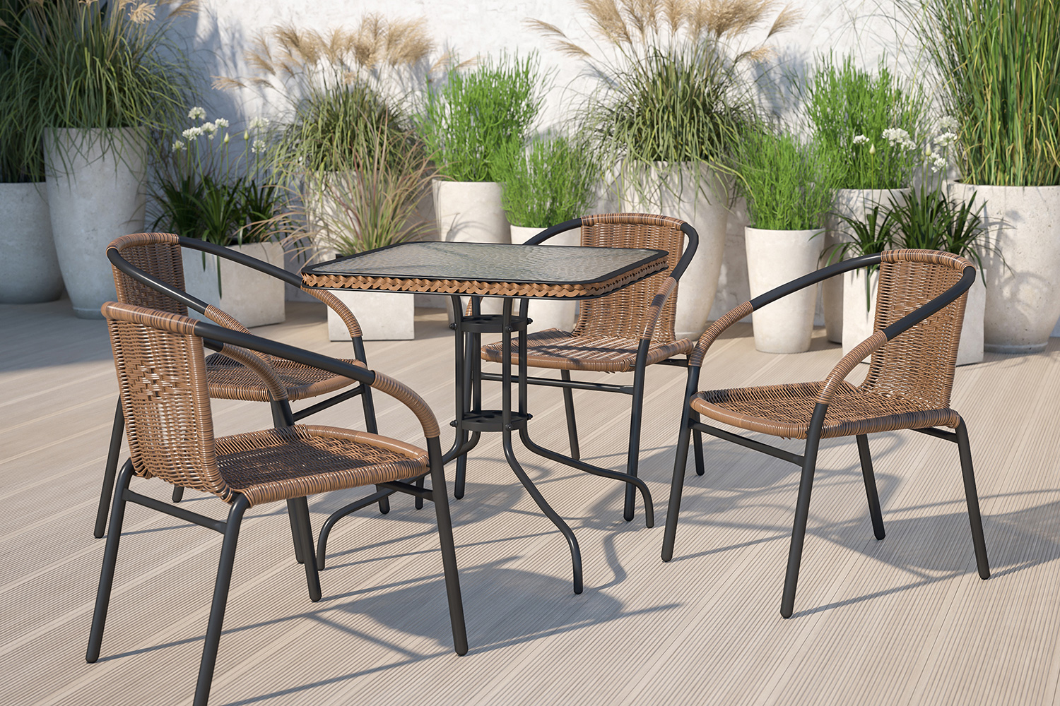 BLNK - Square Metal Tempered Glass Table with Rattan Edging