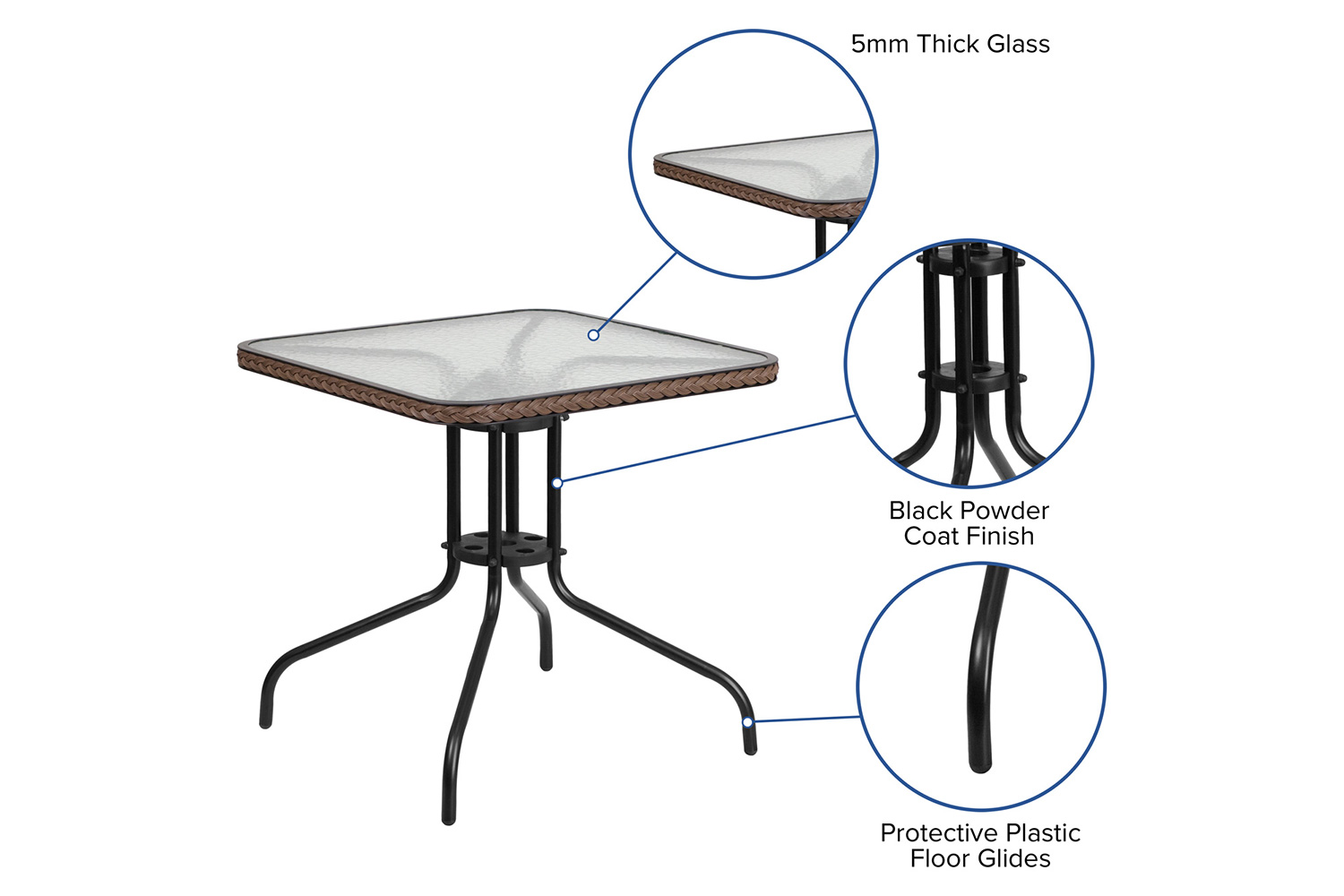 BLNK Square Metal Tempered Glass Table with Rattan Edging - Dark Brown