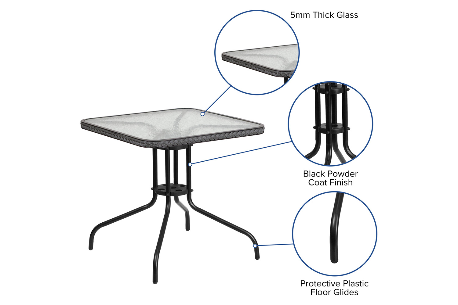 BLNK Square Metal Tempered Glass Table with Rattan Edging - Gray