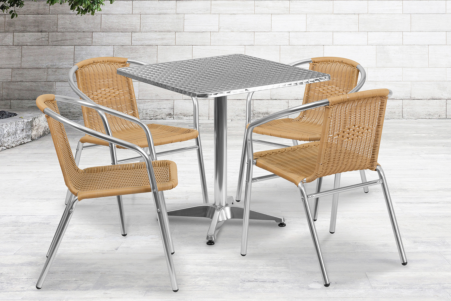 BLNK - Lila Square Aluminum Indoor-Outdoor Table Set with 4 Rattan Chairs