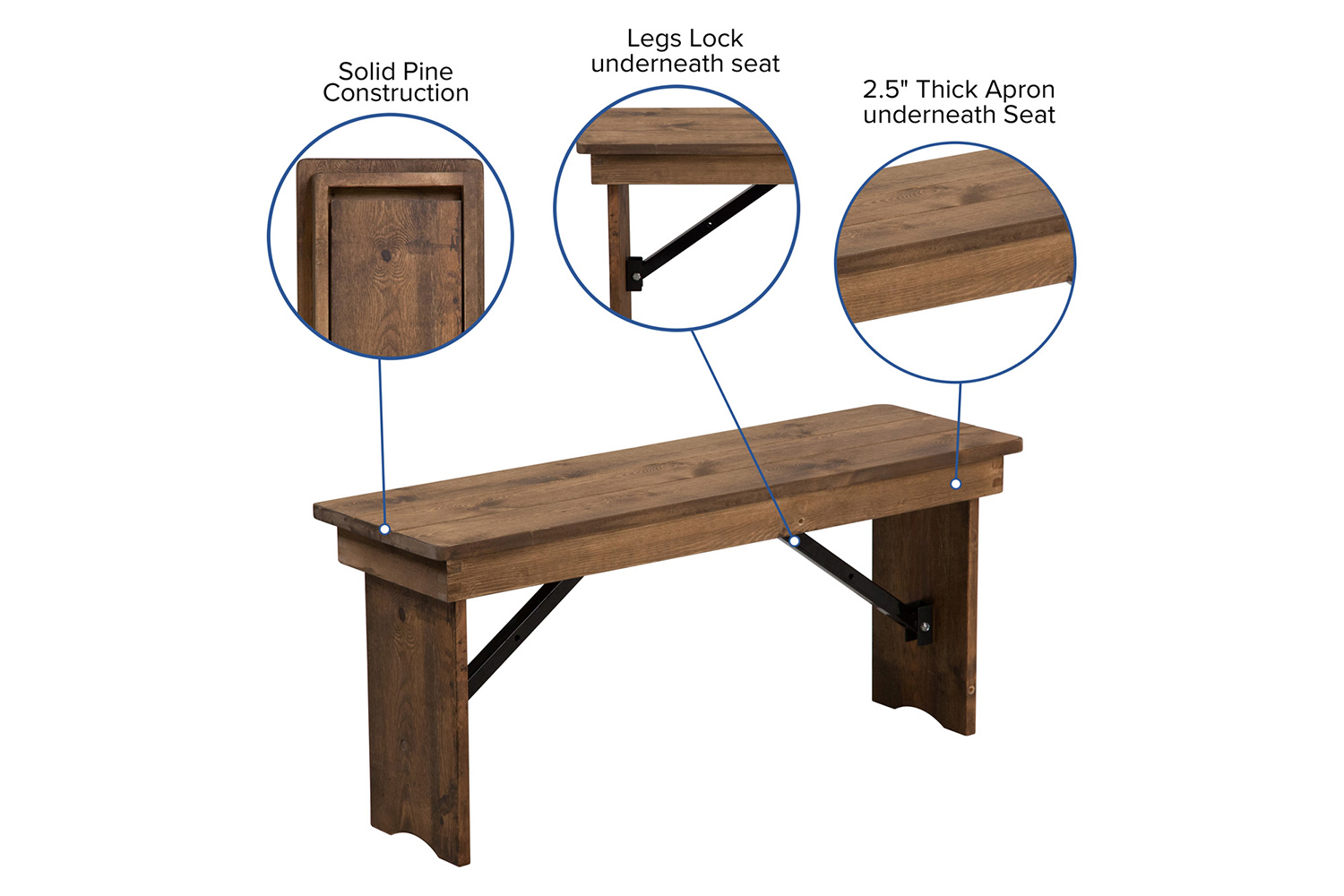 BLNK - HERCULES Series Antique Rustic Solid Pine Folding Farm Bench