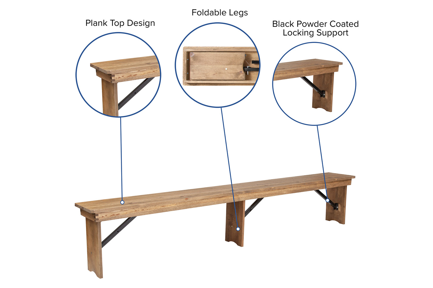 BLNK - HERCULES Series Antique Rustic Solid Pine Folding Farm Bench with 3 Legs