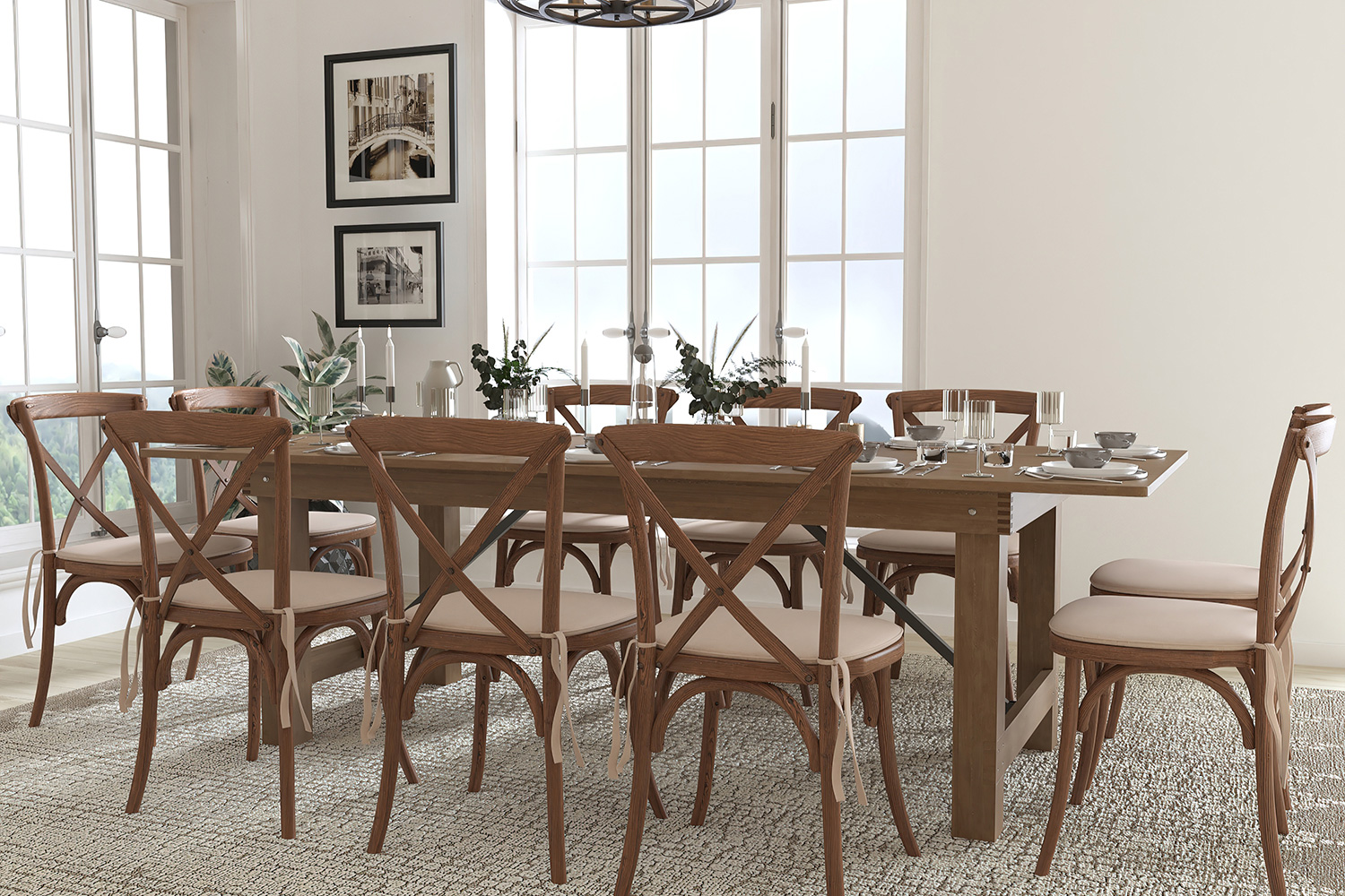 BLNK - HERCULES Series Antique Rustic Folding Farm Table Set with 10 Cross Back Chairs and Cushions