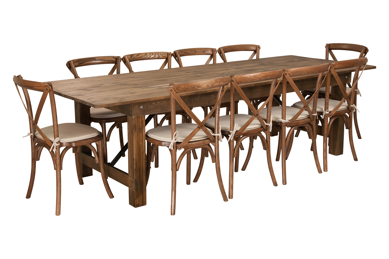 BLNK - HERCULES Series Antique Rustic Folding Farm Table Set with 10 Cross Back Chairs and Cushions