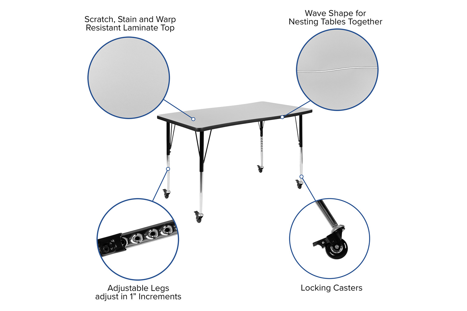 BLNK Wren Mobile Rectangular Thermal Laminate Wave Flexible Collaborative Activity Table - Gray, 28"W x 47.5"L, with Standard Height Adjustable Legs