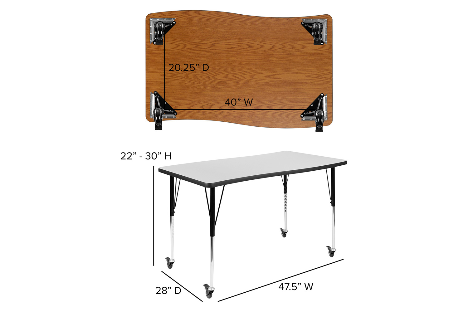 BLNK Wren Mobile Rectangular Thermal Laminate Wave Flexible Collaborative Activity Table - Gray, 28"W x 47.5"L, with Standard Height Adjustable Legs