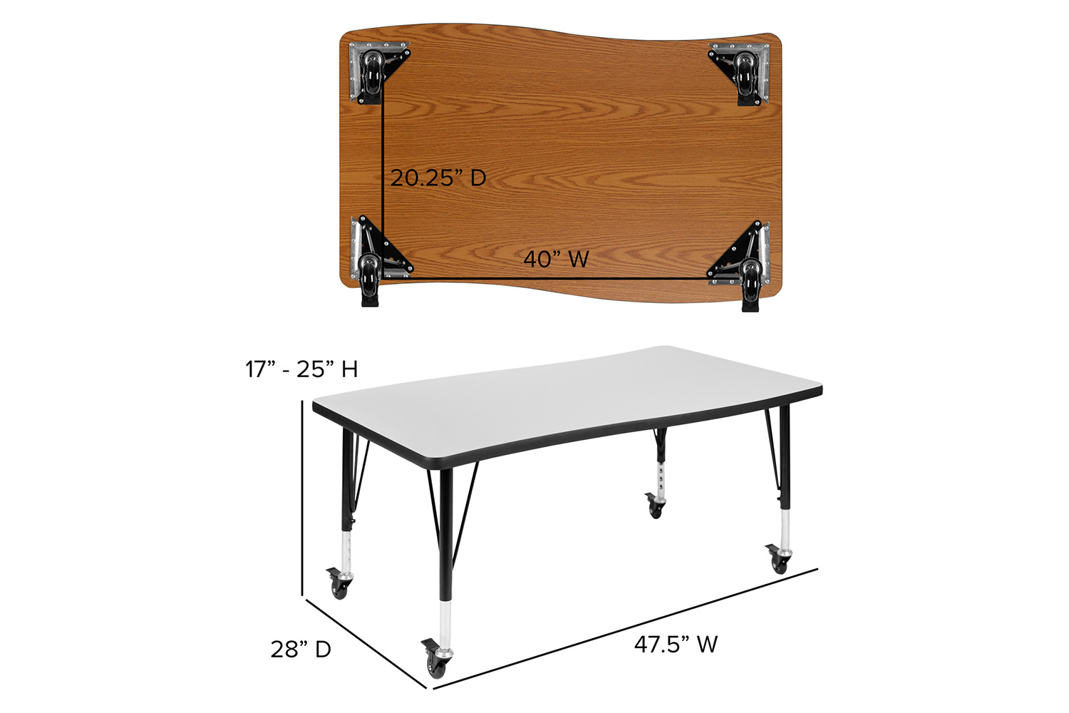 BLNK Wren Mobile Rectangular Thermal Laminate Wave Flexible Collaborative Activity Table - Gray, 28"W x 47.5"L, with Short Height Adjustable Legs