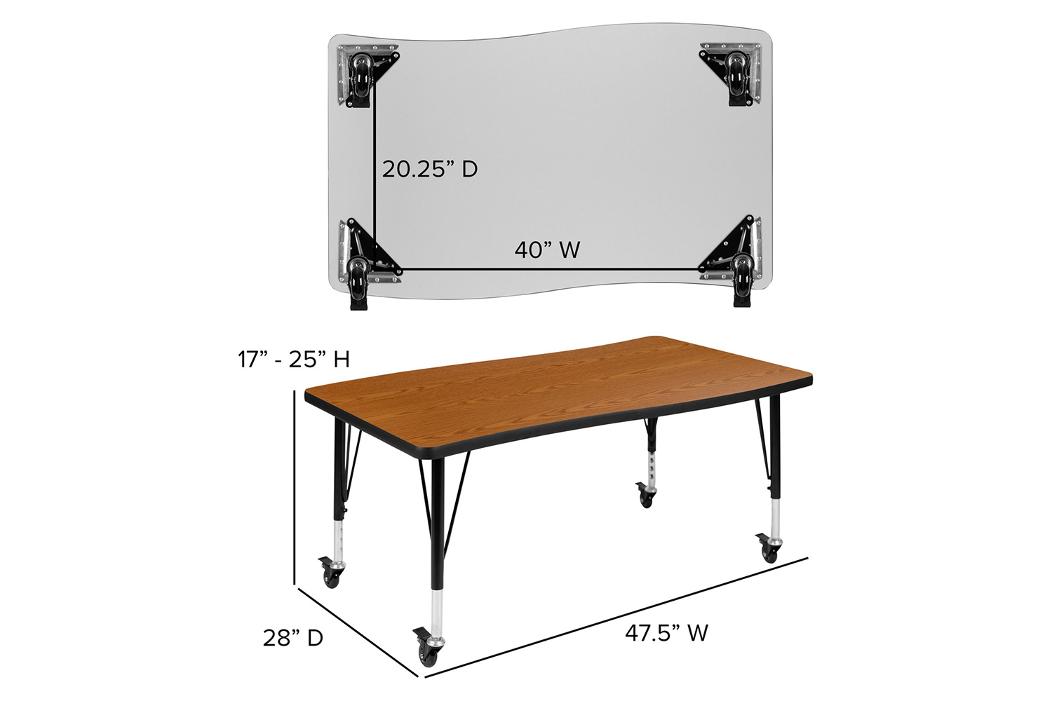 BLNK Wren Mobile Rectangular Thermal Laminate Wave Flexible Collaborative Activity Table - Oak, 28"W x 47.5"L, with Short Height Adjustable Legs