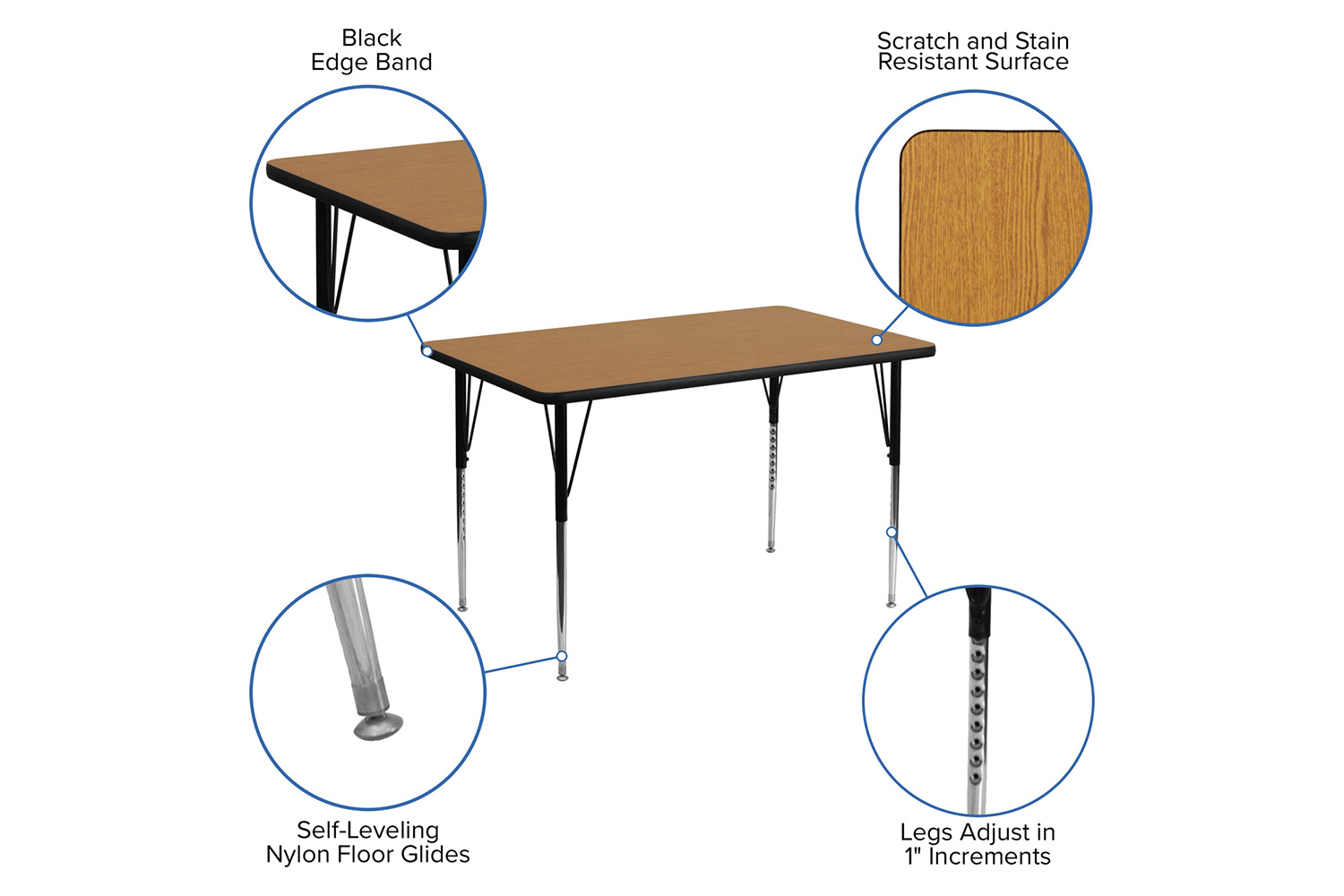BLNK Wren Rectangular Thermal Laminate Activity Table - Oak, 30"W x 48"L, with Standard Height Adjustable Legs