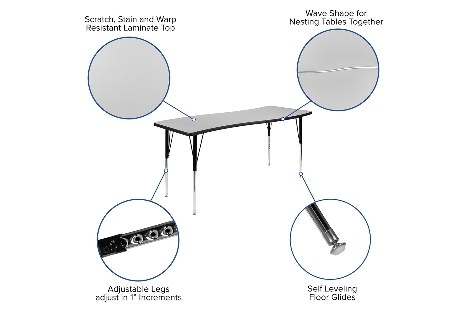 BLNK Wren Rectangular Thermal Laminate Wave Flexible Collaborative Activity Table - Gray, 26"W x 60"L, with Standard Height Adjustable Legs