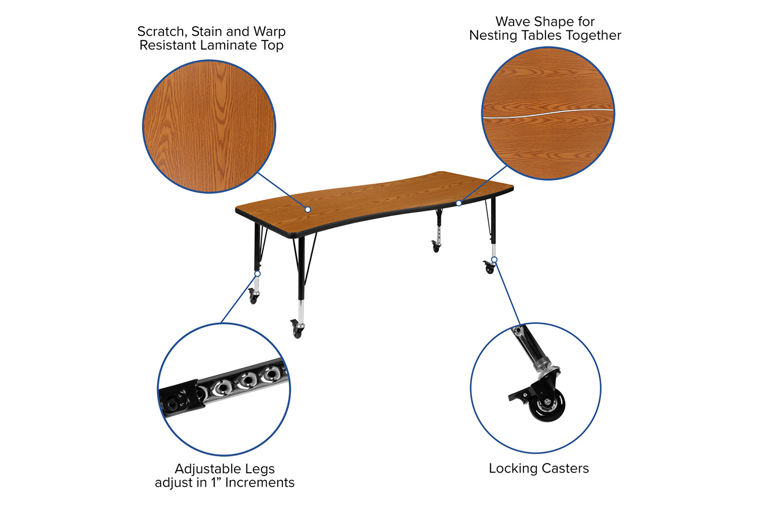 BLNK Wren Mobile Rectangular Thermal Laminate Wave Flexible Collaborative Activity Table - Oak, 26"W x 60"L, with Short Height Adjustable Legs