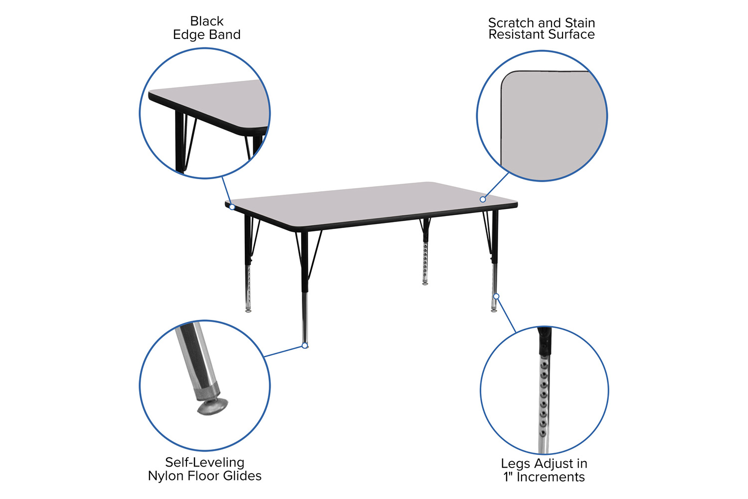 BLNK Wren Rectangular Thermal Laminate Activity Table - Gray, 30"W x 72"L, with Short Height Adjustable Legs