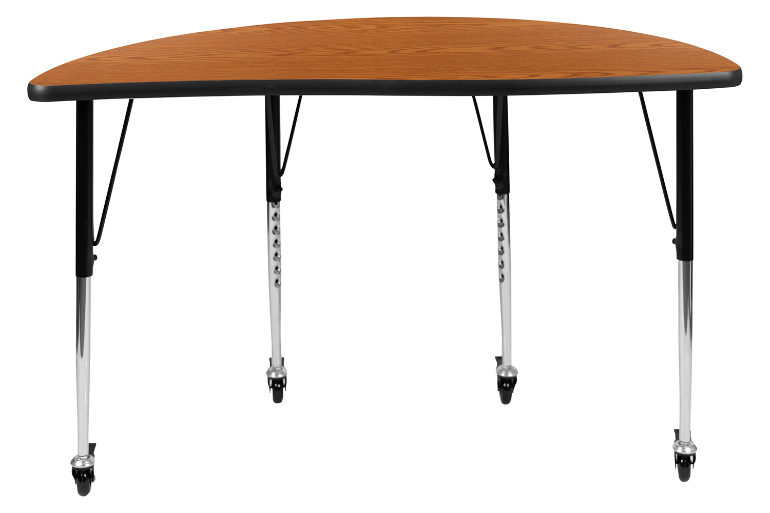 BLNK Wren Mobile Half Circle Thermal Laminate Wave Flexible Collaborative Activity Table - Oak, 47.5"D, with Standard Height Adjustable Legs