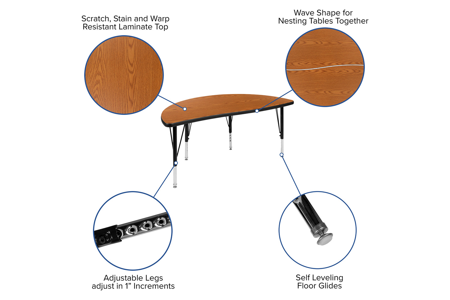BLNK Wren Half Circle Thermal Laminate Wave Flexible Collaborative Activity Table - Oak, 47.5"D, with Short Height Adjustable Legs