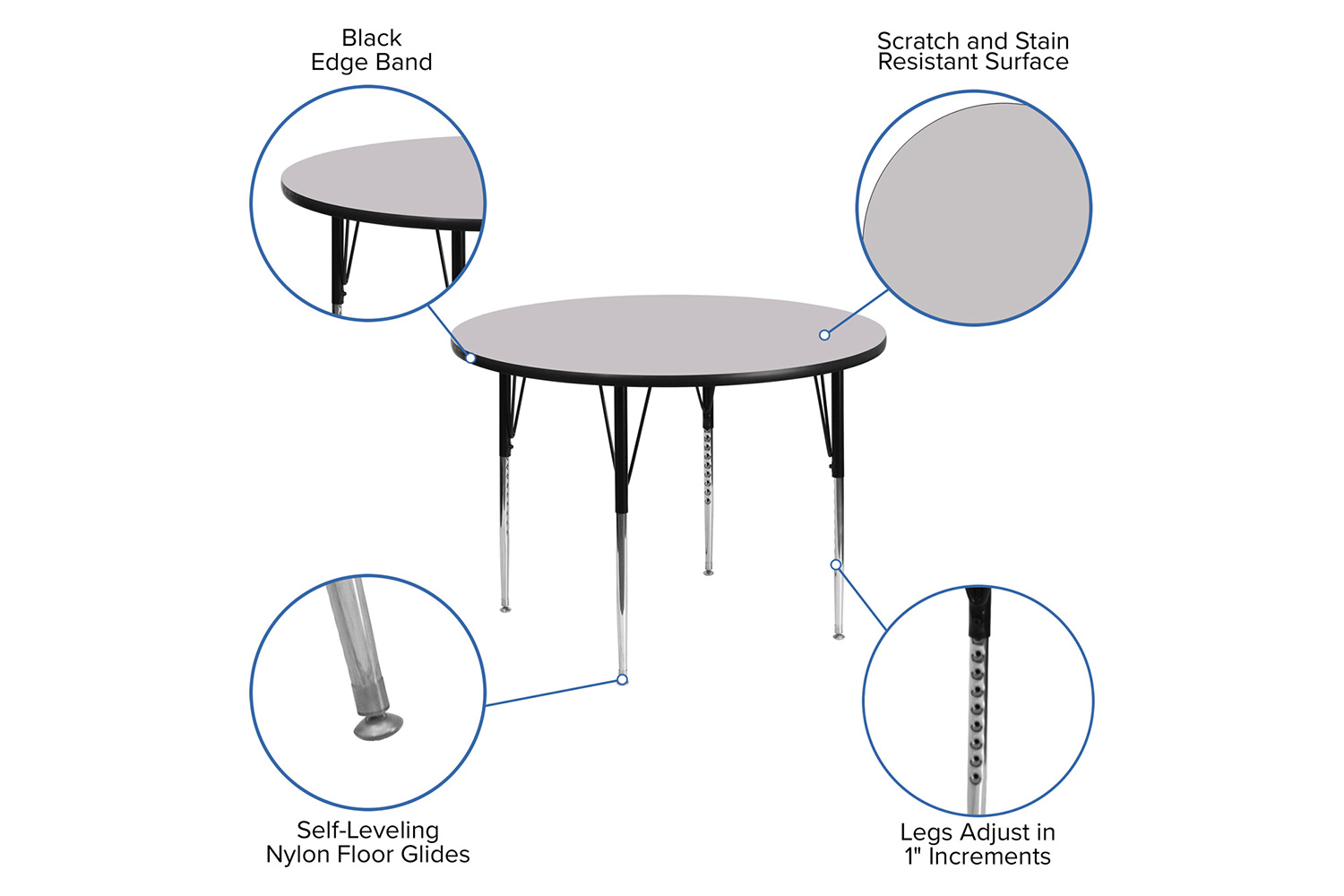 BLNK Wren Round Thermal Laminate Activity Table - Gray, 48"D, with Standard Height Adjustable Legs