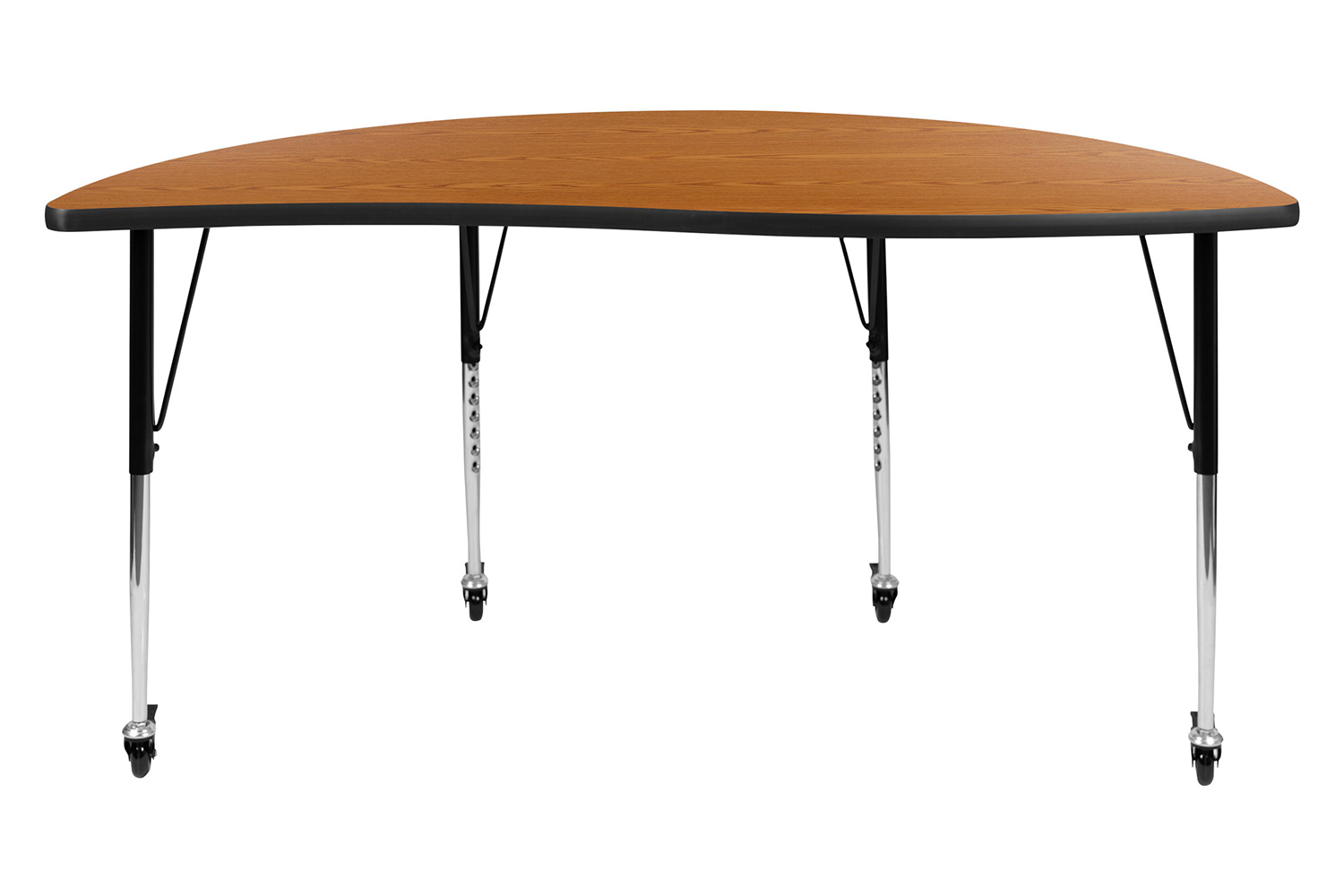 BLNK Wren Mobile Half Circle Thermal Laminate Wave Flexible Collaborative Activity Table - Oak, 60"D, with Standard Height Adjustable Legs