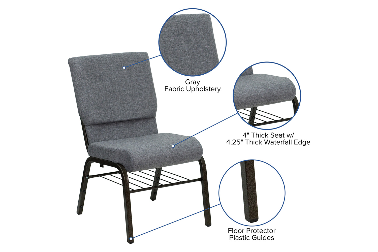 BLNK HERCULES Series Fabric Church Chair with Book Rack and Gold Vein Frame - Gray