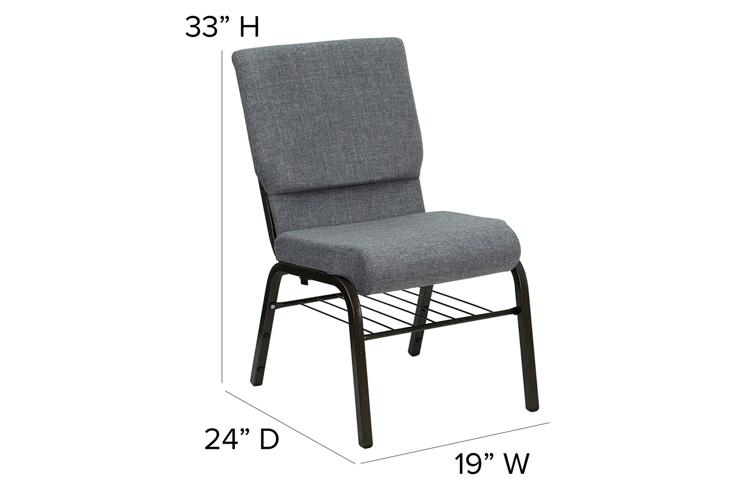 BLNK HERCULES Series Fabric Church Chair with Book Rack and Gold Vein Frame - Gray