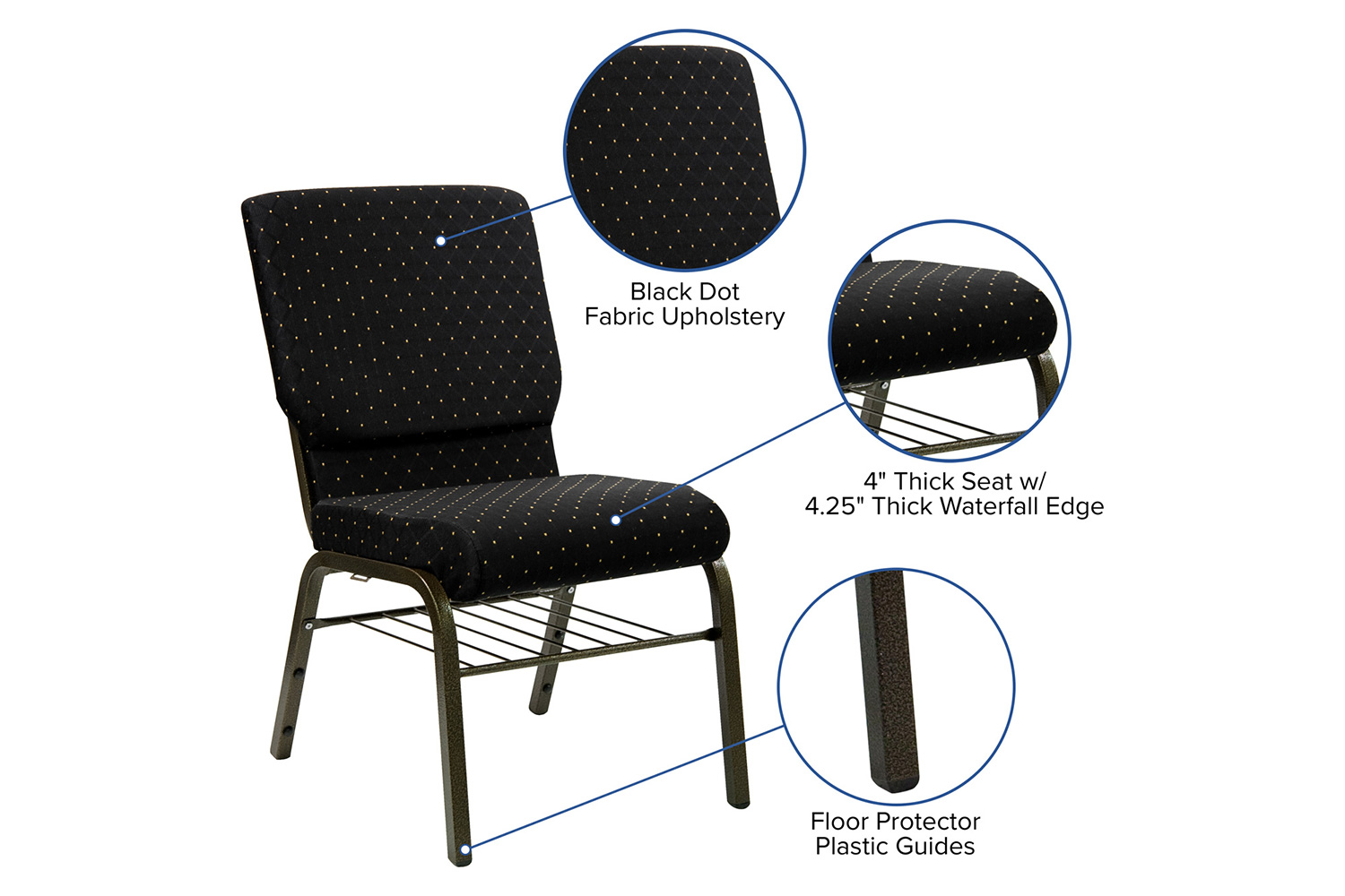 BLNK HERCULES Series Fabric Church Chair with Book Rack and Gold Vein Frame - Black Dot Patterned