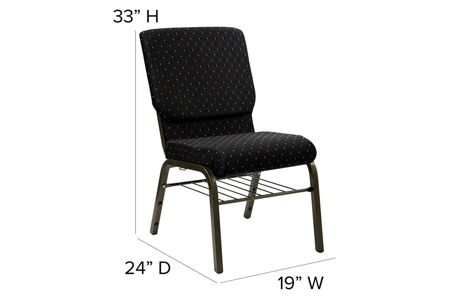 BLNK HERCULES Series Fabric Church Chair with Book Rack and Gold Vein Frame - Black Dot Patterned