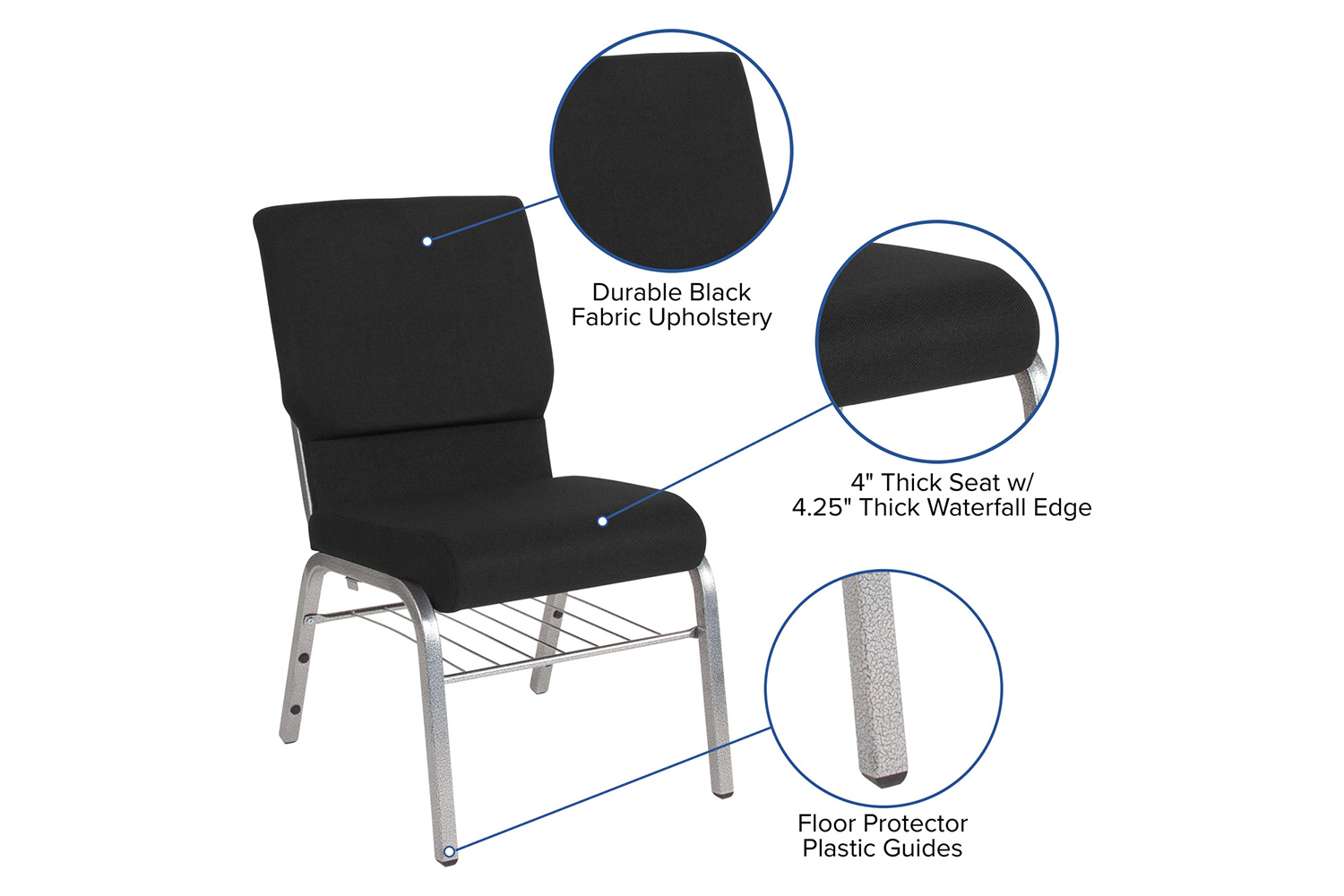 BLNK HERCULES Series Fabric Church Chair with Book Rack and Silver Vein Frame - Black
