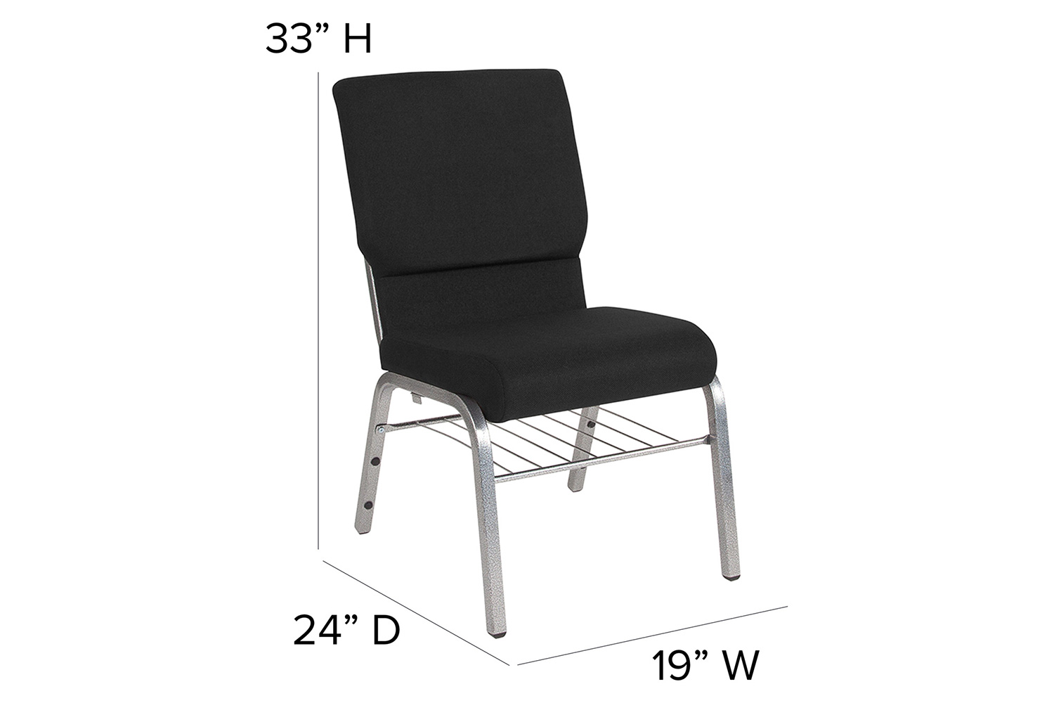 BLNK HERCULES Series Fabric Church Chair with Book Rack and Silver Vein Frame - Black