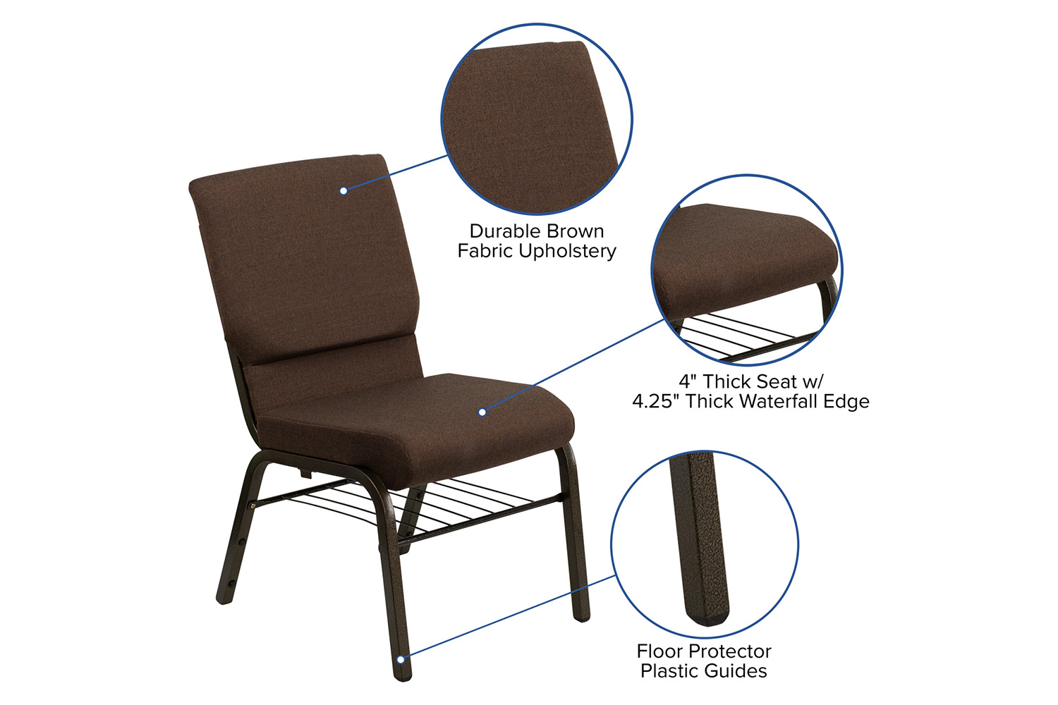 BLNK HERCULES Series Fabric Church Chair with Book Rack and Gold Vein Frame - Brown