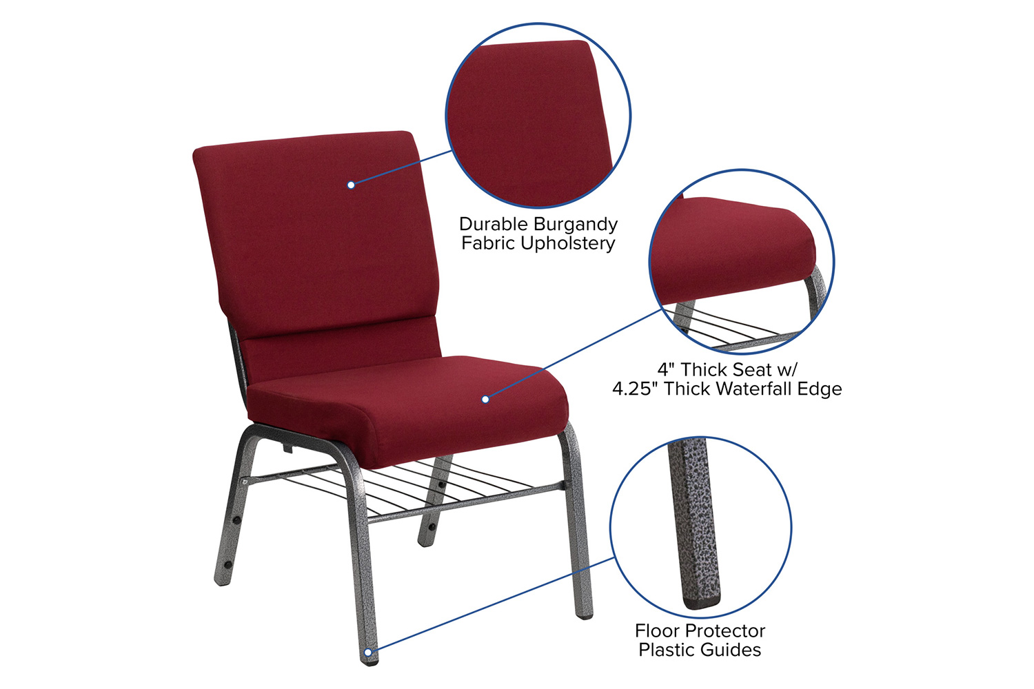 BLNK HERCULES Series Fabric Church Chair with Book Rack and Silver Vein Frame - Burgundy
