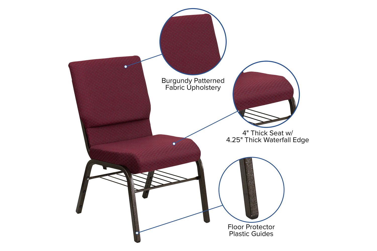 BLNK HERCULES Series Fabric Church Chair with Book Rack and Gold Vein Frame - Burgundy Patterned