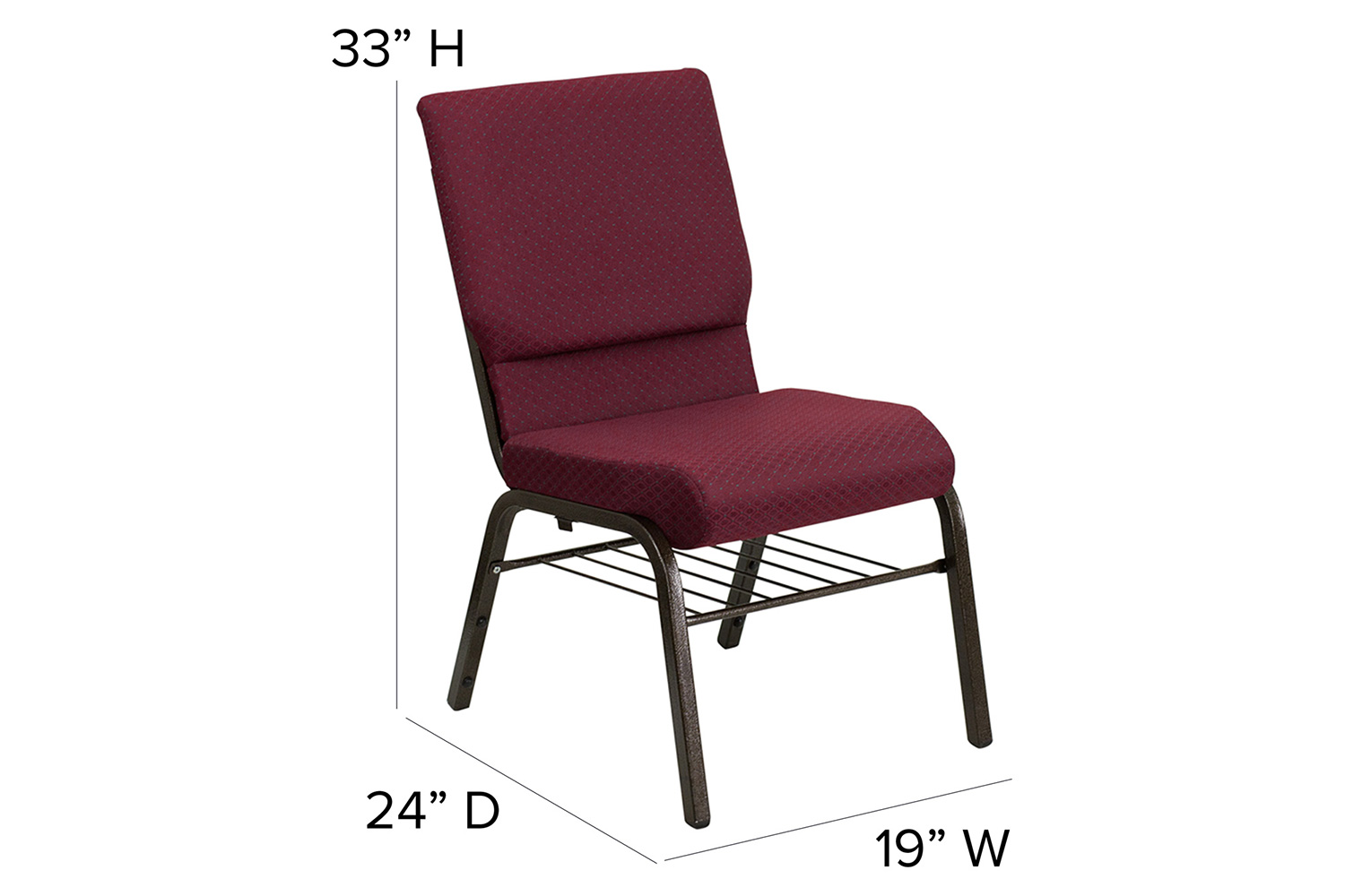 BLNK HERCULES Series Fabric Church Chair with Book Rack and Gold Vein Frame - Burgundy Patterned