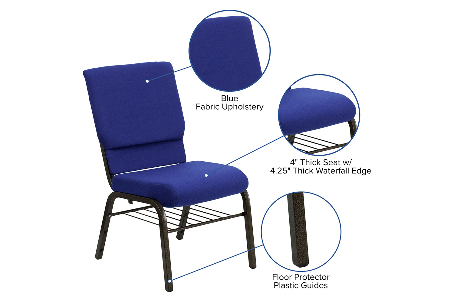 BLNK HERCULES Series Fabric Church Chair with Book Rack and Gold Vein Frame - Navy Blue